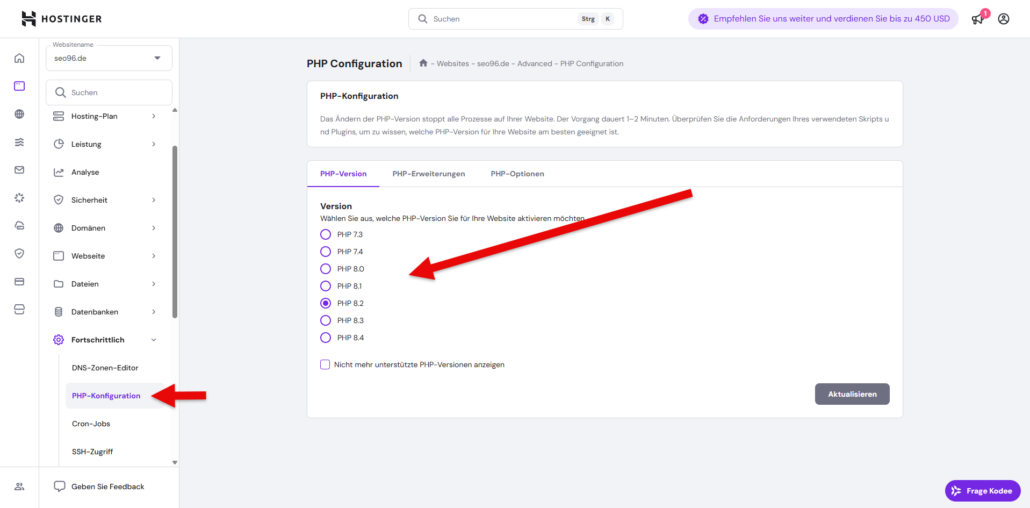 Webspace php Konfiguration